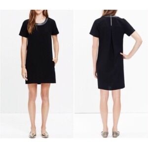 Madewell‎ Black Dress XS Short Sleeve Career Minimalist Leather Trim Zipper
